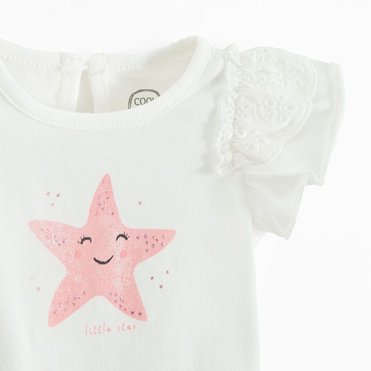 White T-shirt with starfish print and coral tute skirt- 2 pieces