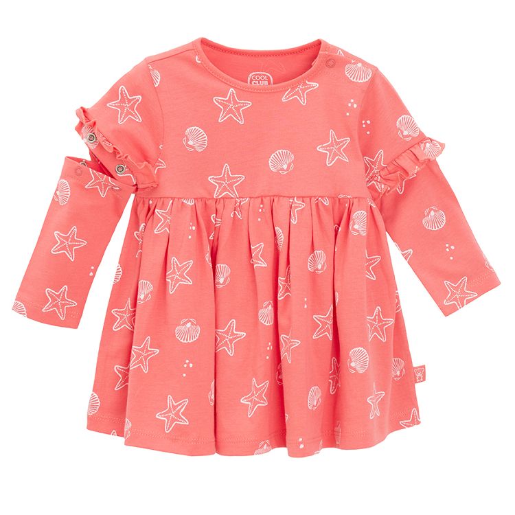 Coral long/ short sleeve dress with daisies print- detachable sleeve