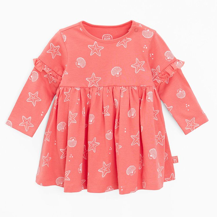 Coral long/ short sleeve dress with daisies print- detachable sleeve