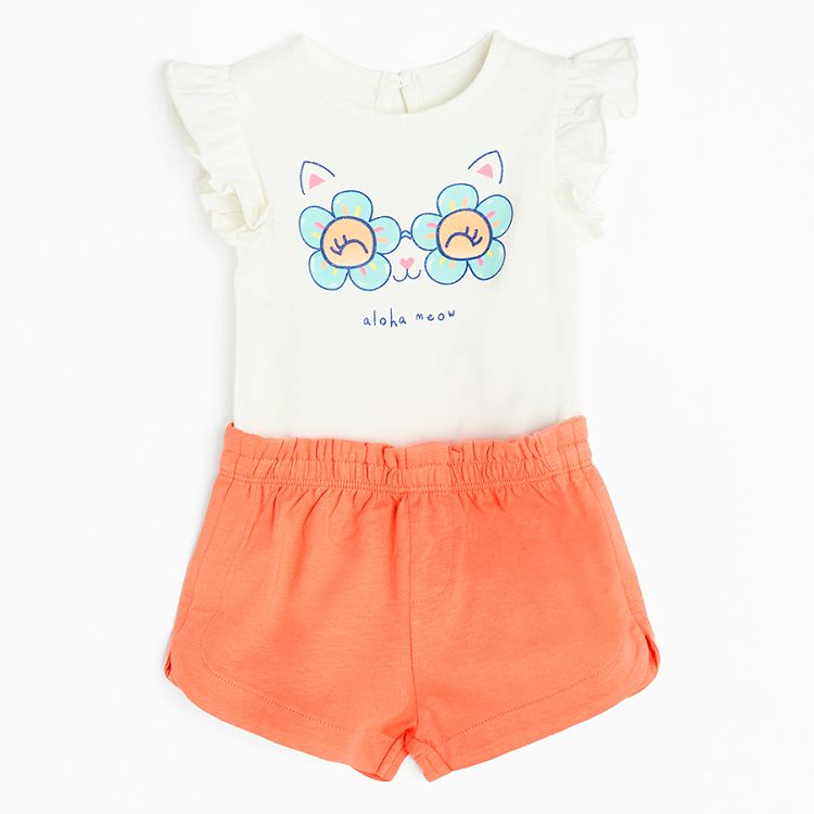 White sleeveless bodysuit with kitten with glasses print and orange shorts