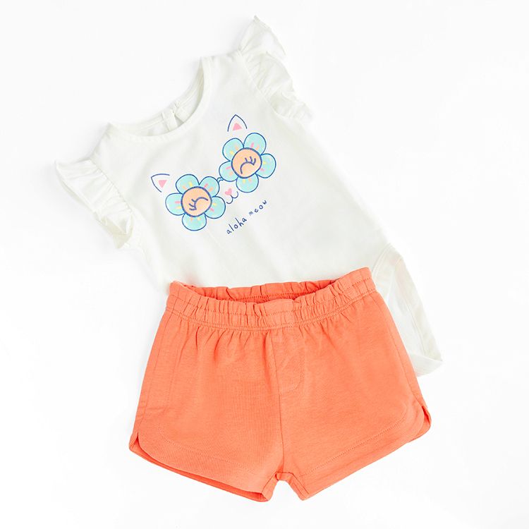 White sleeveless bodysuit with kitten with glasses print and orange shorts