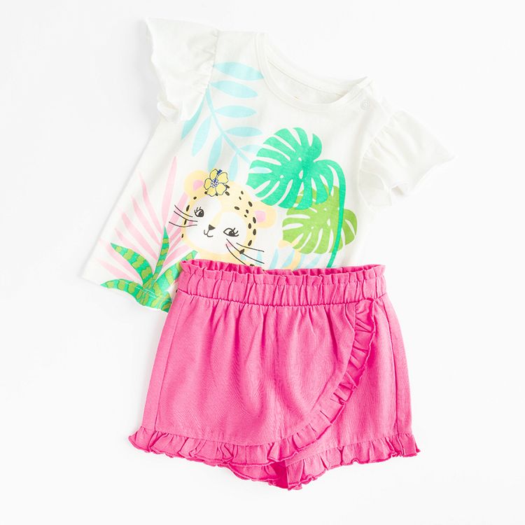 White with cheetah in jungle print T-shirt and pink wrap shorts - 2 pieces