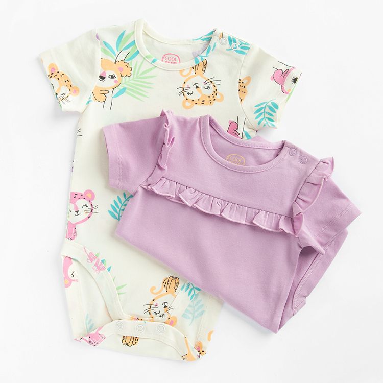 Lilac with ruffles and cream short sleeve bodysuits with small moneys and cheetas print