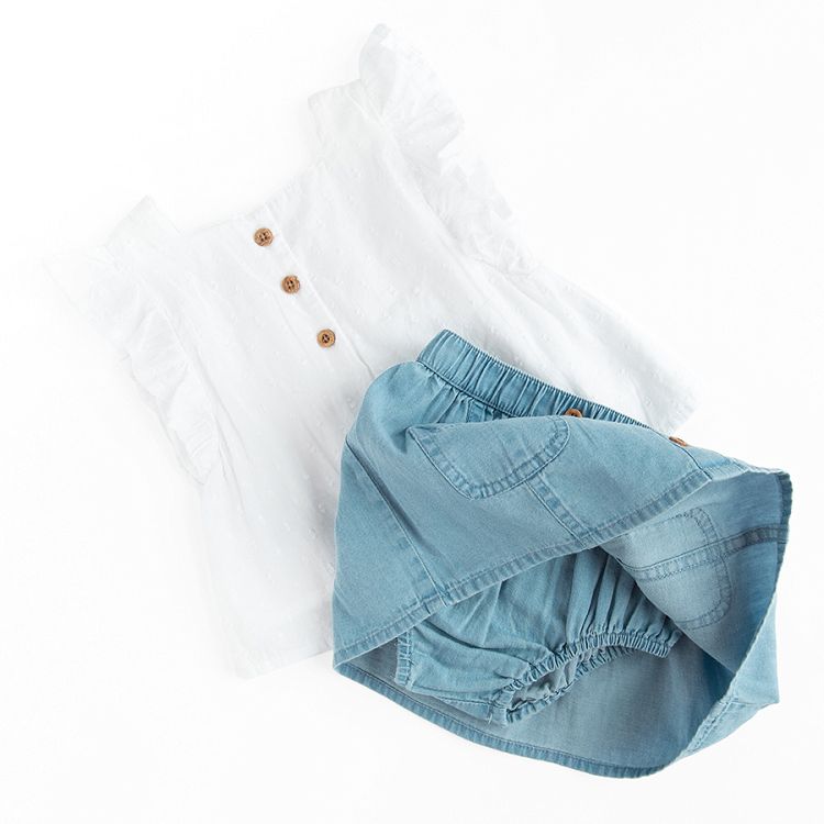 White blouse and denim skirt with brief attached- 2 pieces