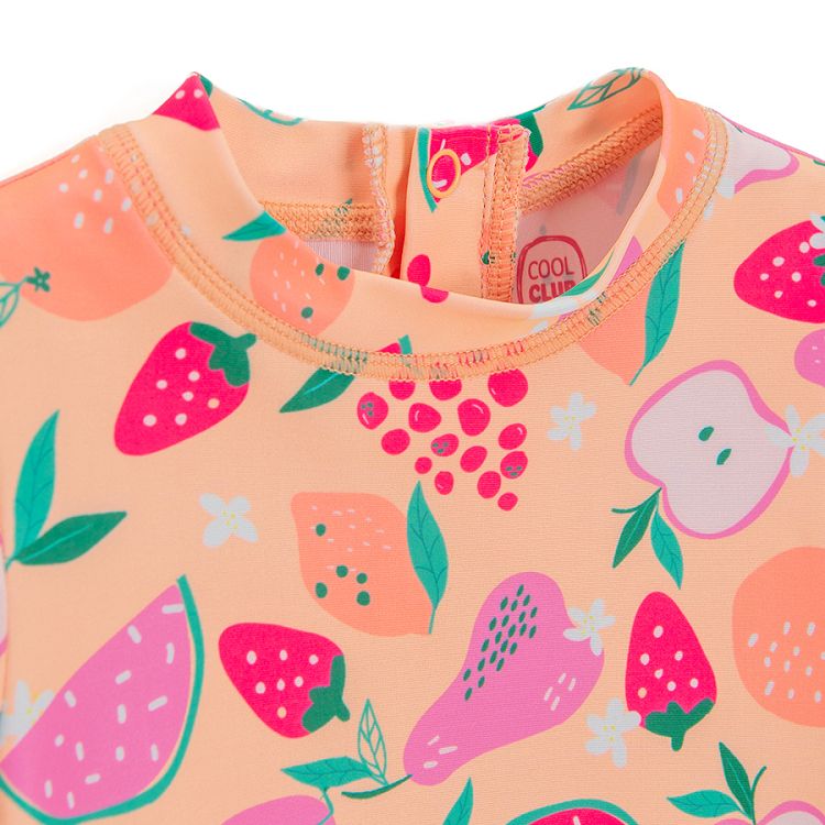 Two piece- swimsuit, short sleeve top and bottom with summer fruit print