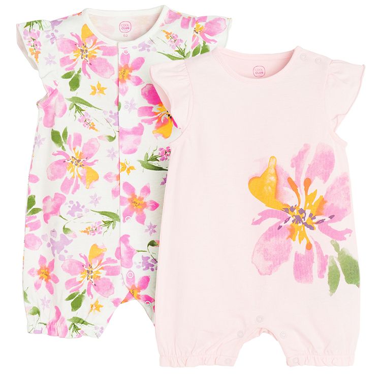 White and pink rompers with flower print- 2 pack