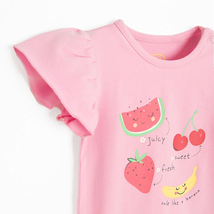 Pink short sleeve bodysuit with ruffles on sleeves and fruit print