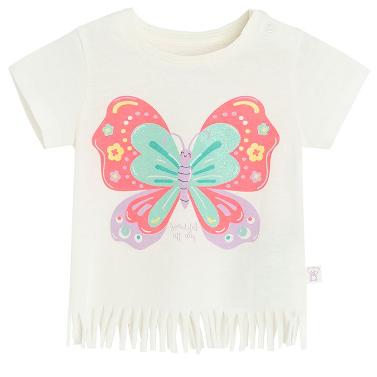 White T-shirt with butterly print and fringes