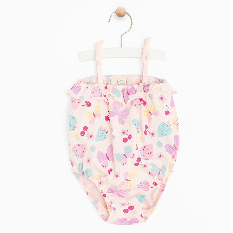 Pink sleeveless bodysuit with fruits and butteflies print