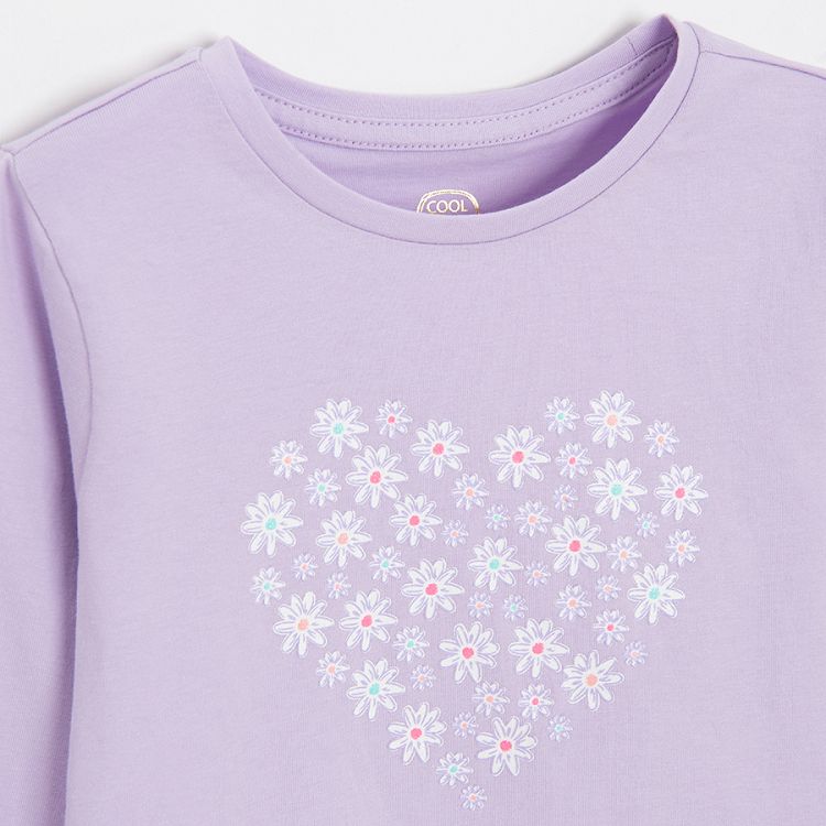 Light purple long sleeve blouse with daisies in the shape of heart print