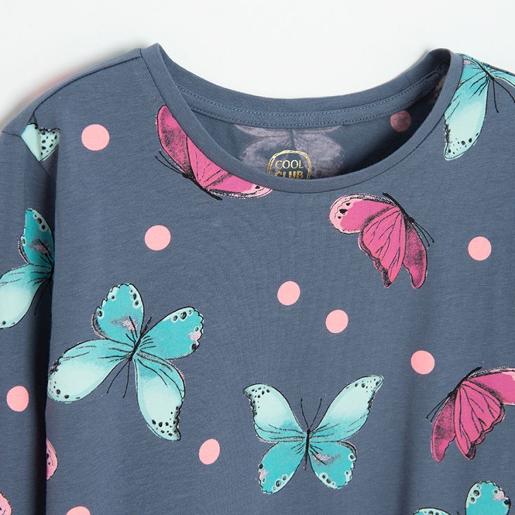 Blue long sleeve blouse with butterflies print