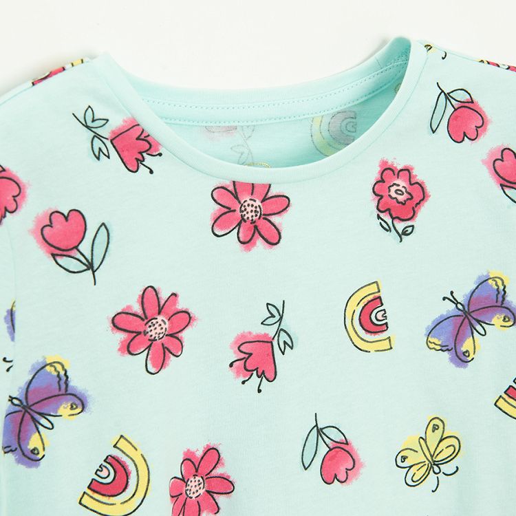 Mint short sleeve T-shirt with flowers, rainbows and butterflies print