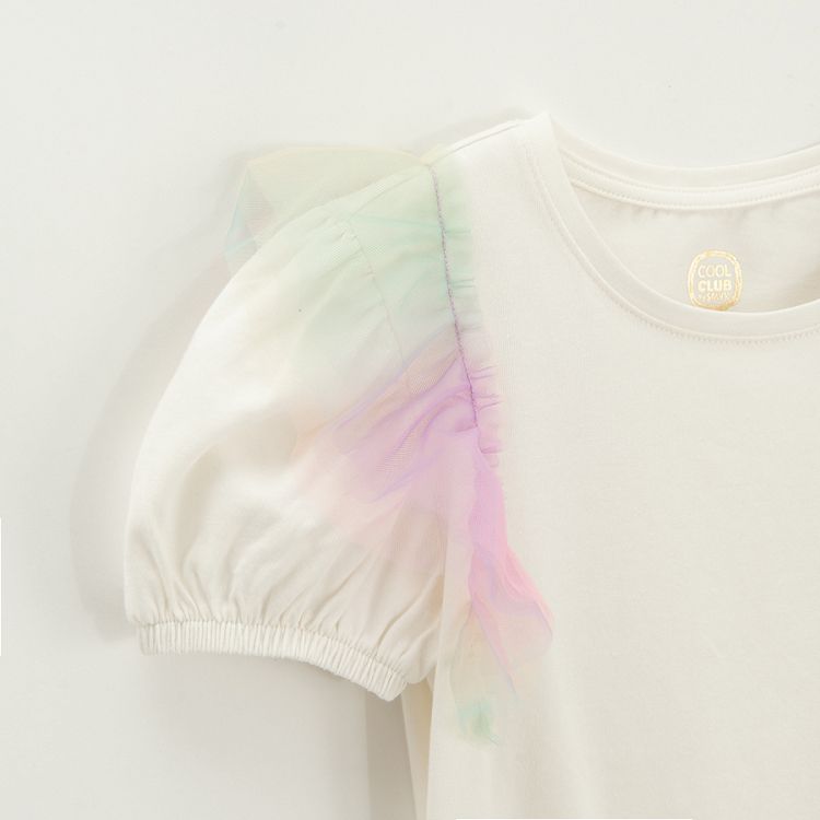 White T-shirt with tulle ruffle on shoulders