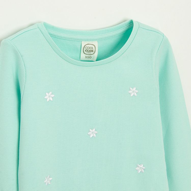 Mint long sleeve blouse with flowers embroidered