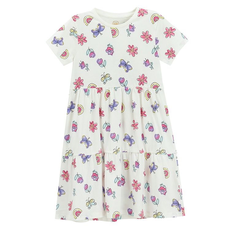 White short sleeve dress with butterflies and rainbows print