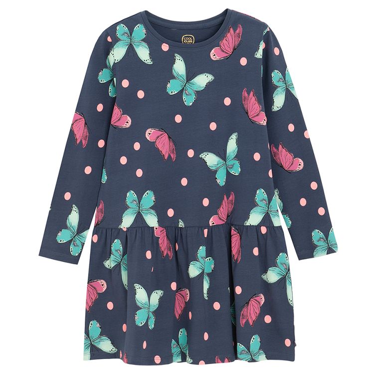 Dark blue long sleeve dress with butterflies print