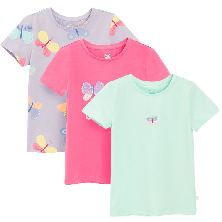 Mint, pink and purple T-shirts with butterflies print- 3 pack