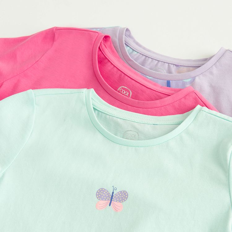 Mint, pink and purple T-shirts with butterflies print- 3 pack