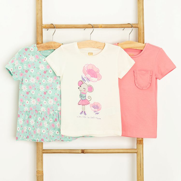 White with mouse print, floral and pink T-shirts- 3 pack