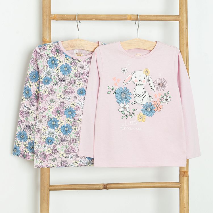 Pink floral and pink with bunny print long sleeve blouses- 2 pack