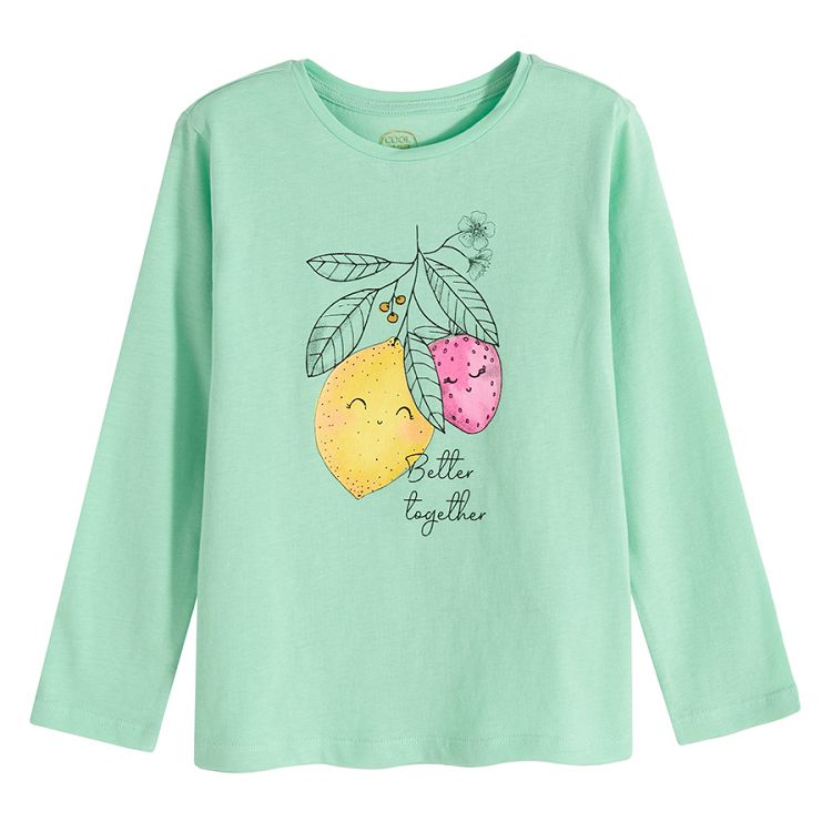 Green and white long sleeve blouses with fruits print- 2 pack