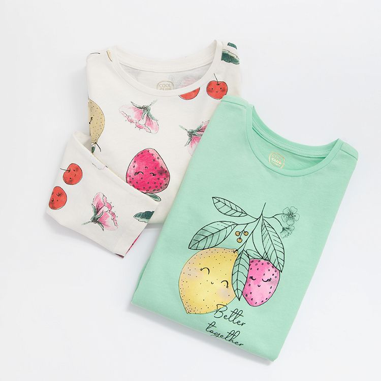 Green and white long sleeve blouses with fruits print- 2 pack