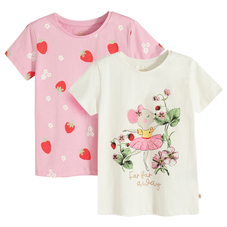 White T-shirt with mouse print and pink T-shirt with strawberries print- 2 pack