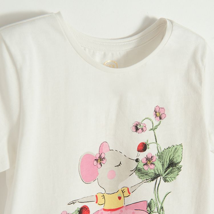 White T-shirt with mouse print and pink T-shirt with strawberries print- 2 pack