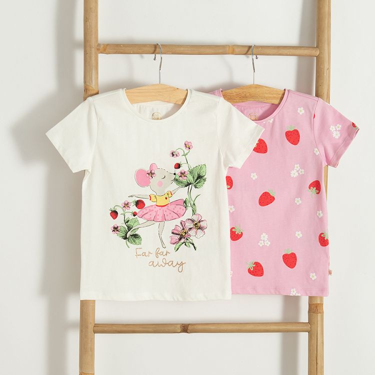 White T-shirt with mouse print and pink T-shirt with strawberries print- 2 pack