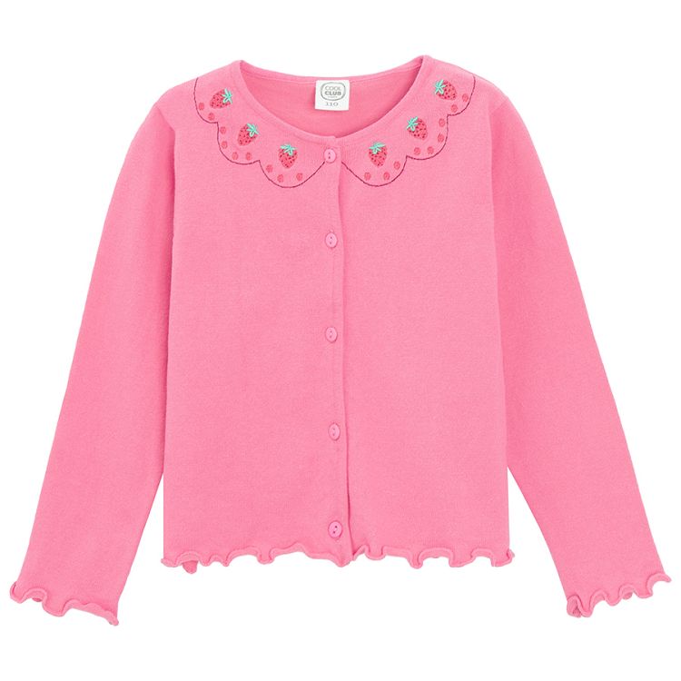 Pinkbutton down cardigan with strawberries embroidered around the collar