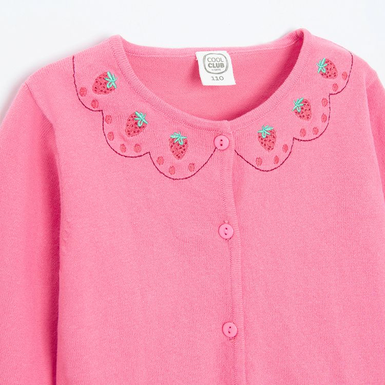 Pinkbutton down cardigan with strawberries embroidered around the collar