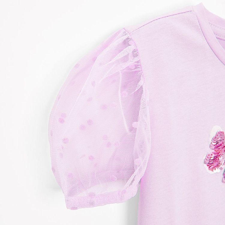 Pink short sleeve blouse with puffy sleeves and butterflies print