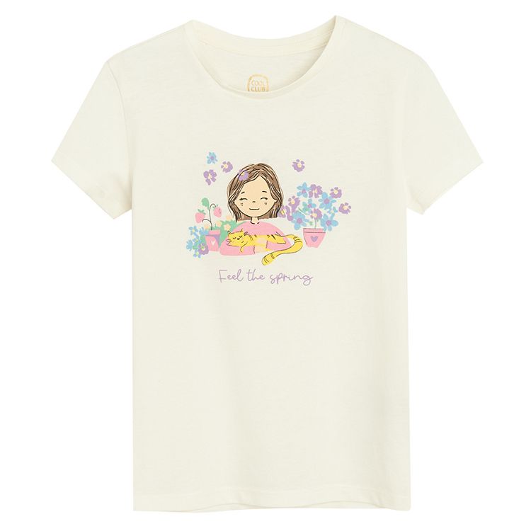 Pink and blue T-shirts with floral print, white T-shirt with girl and flowers print= 3 pack