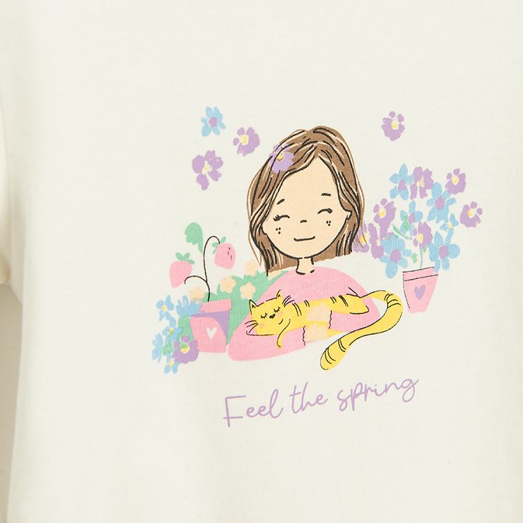 Pink and blue T-shirts with floral print, white T-shirt with girl and flowers print= 3 pack