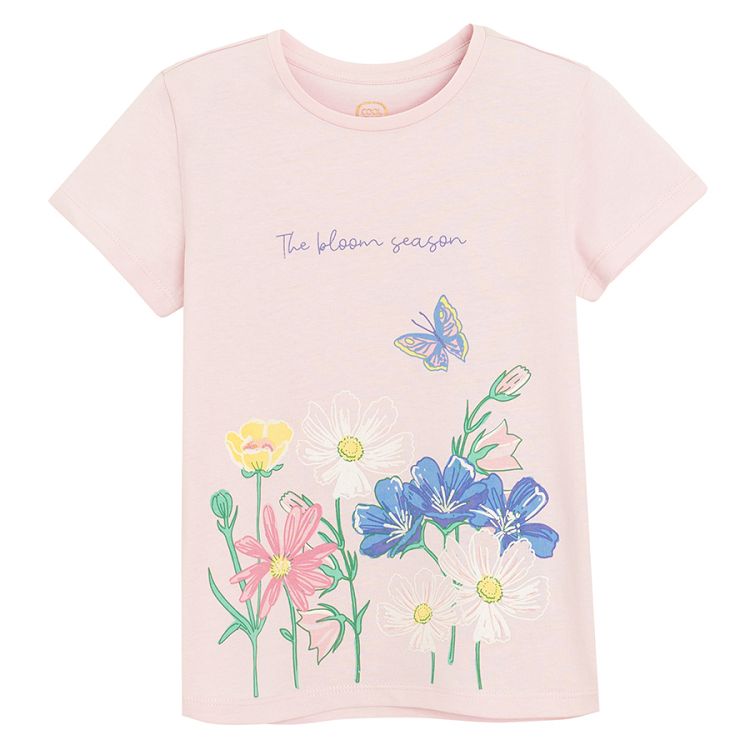 Pink and blue T-shirts with floral print, white T-shirt with girl and flowers print= 3 pack