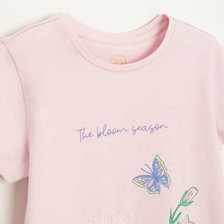 Pink and blue T-shirts with floral print, white T-shirt with girl and flowers print= 3 pack