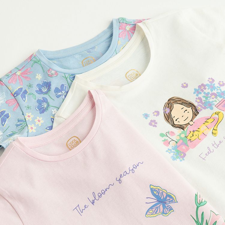 Pink and blue T-shirts with floral print, white T-shirt with girl and flowers print= 3 pack