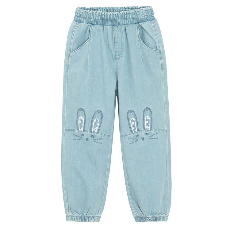 Denim pants with elastic waist and bunny print on the knees