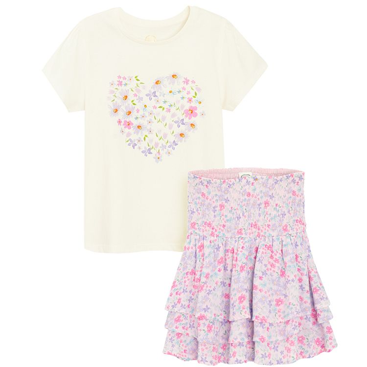 White T-shirt with purple floral heart print and floral skirt with ruffles- 2 pieces