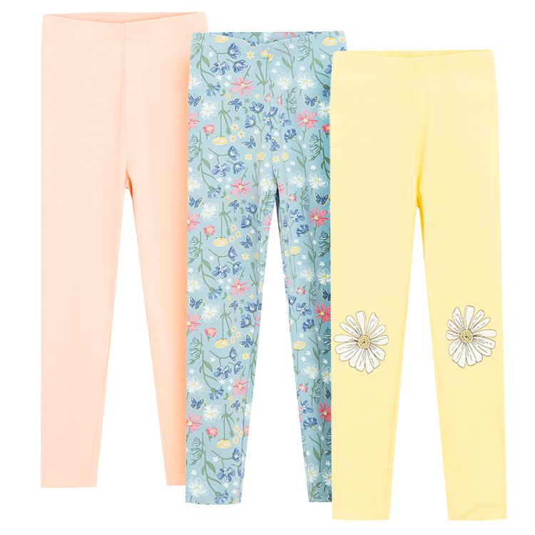 Pink, yellow, blue leggings with flowers and daisies print