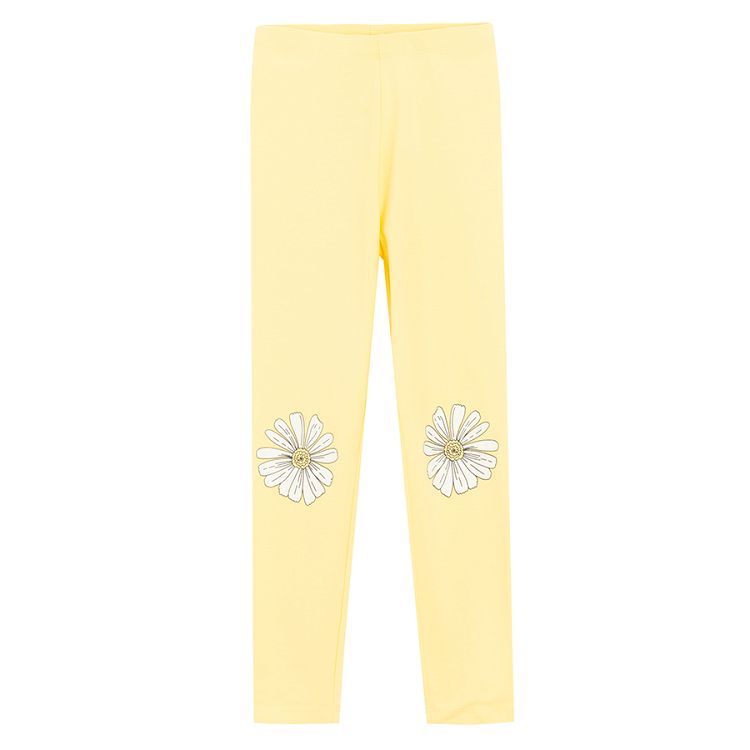 Pink, yellow, blue leggings with flowers and daisies print