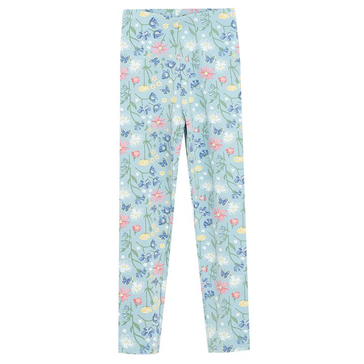 Pink, yellow, blue leggings with flowers and daisies print