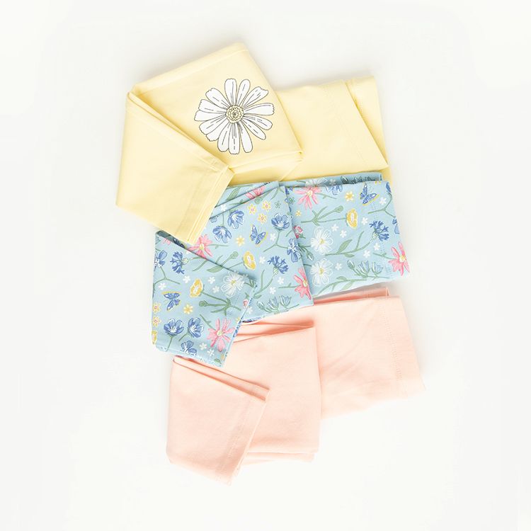 Pink, yellow, blue leggings with flowers and daisies print