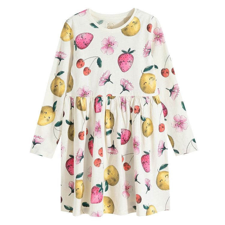 Ecru long sleeve dress with fruits print and pink leggings