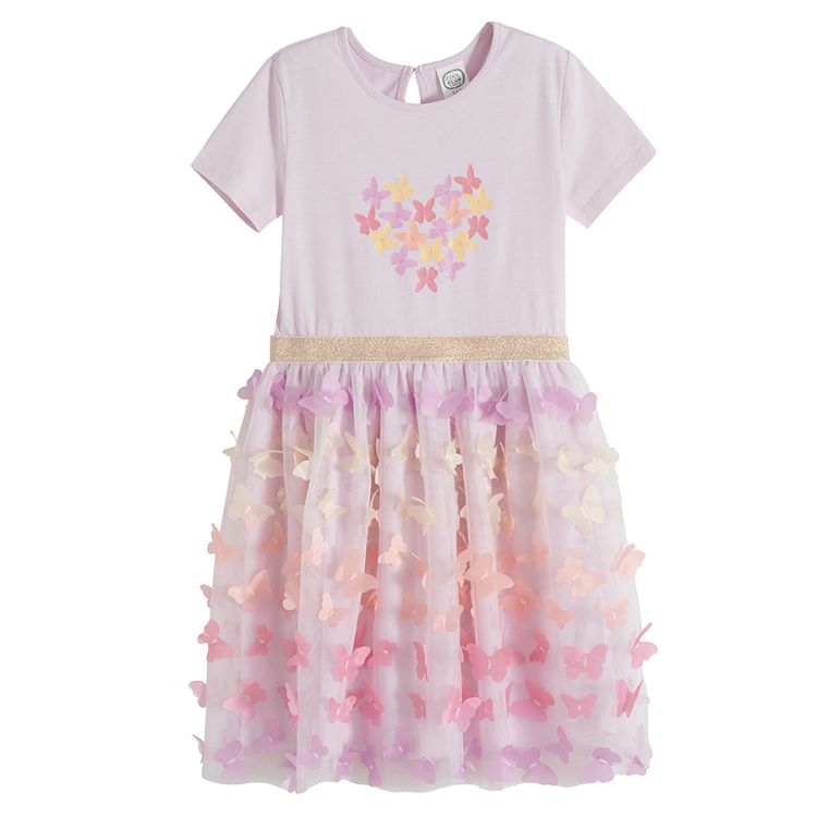 Light purple short sleeve dress with butterflies print on the top and tulle skirt