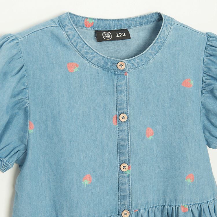 Denim short sleeve dress with fluffly sleeves and hearts print