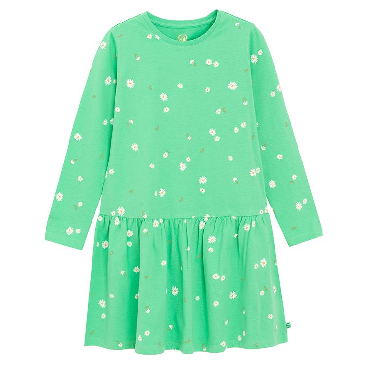 Green long sleeve dress with white daisies print