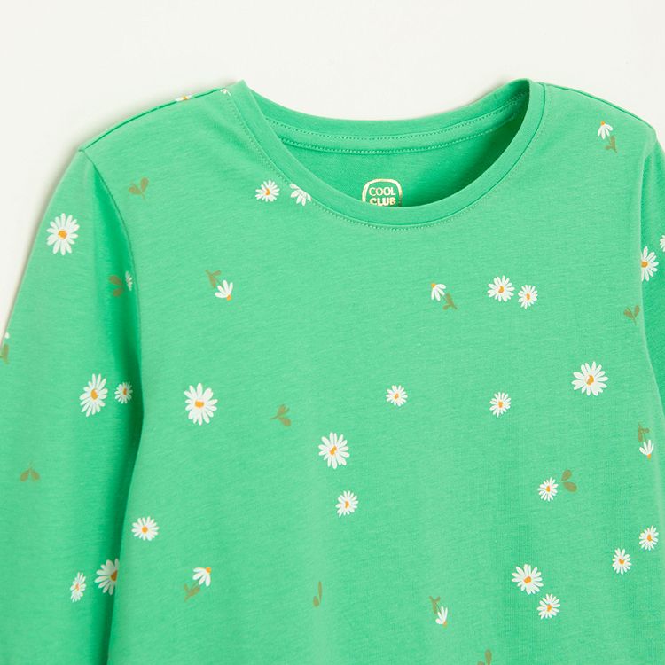 Green long sleeve dress with white daisies print