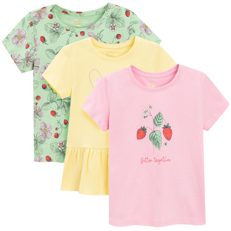 Yellow, mint and pink short sleeve blouses with flowers and fruit print- 3 pack