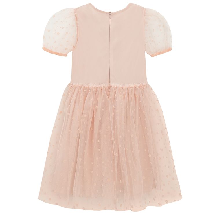 Pink short sleeve party dress with tulle and puffy sleeves